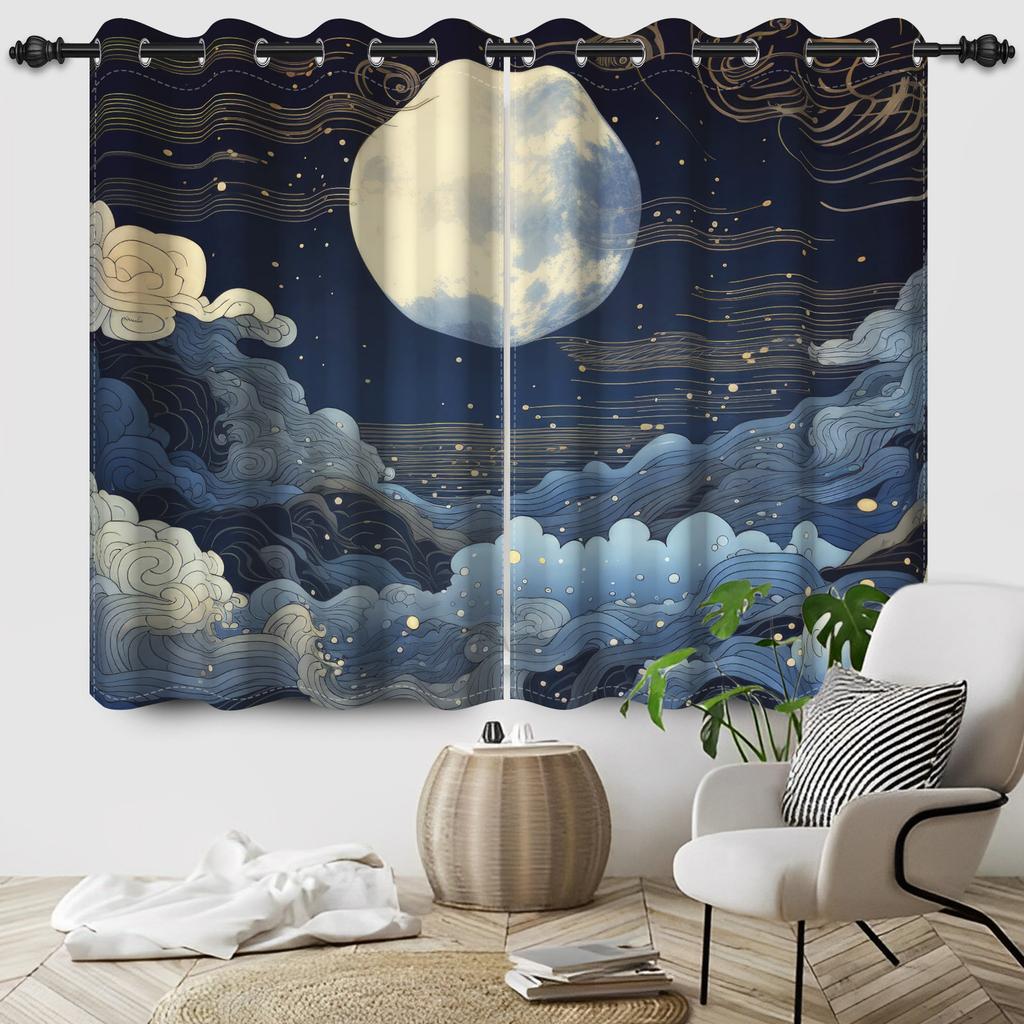 Night Starry Sky Moon Stars Milky Way Blackout Curtains Children'S Bedroom Heat Insulation Noise Reduction Window Drapes 2Pcs