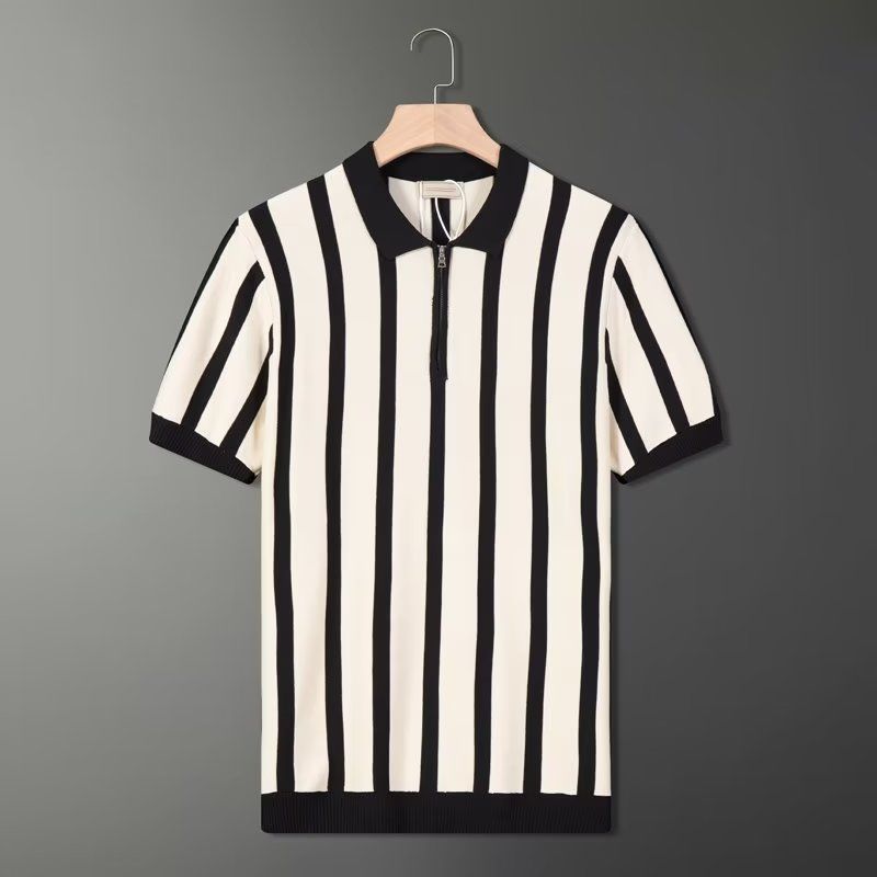 Nouă Cămașă Polo Tricotată Casual Minimalistă de Vară cu Dungă Colorată, Croială Slim Fit, Stil Retro Britanic, Guler Flip Personalizat, Fermoar pe Jumătate