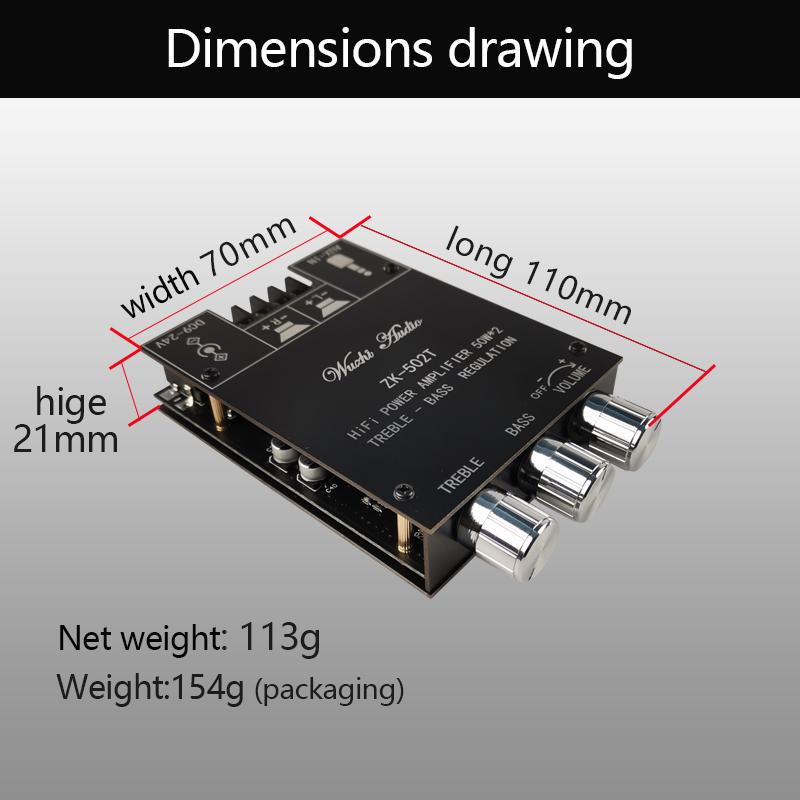 ZK-502T TPA3116D2 Bluetooth 5.0 Subwoofer Amplifier Board 2.0 Channel 2*50W Bass AMP High Power Audio Stereo Amplifier Board