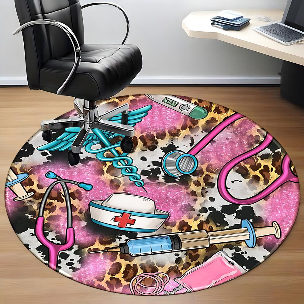 1pc Leopard Nurse Print Chair Carpet for Office, Round Polyester Mat, Indoor Decor for Office, Easycare Fabric, Washable Non-slip Area Carpet