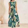 Women Plus Size Scoop Neck Sleeveless Tropical Leaf Printed Green A Line Long Dress