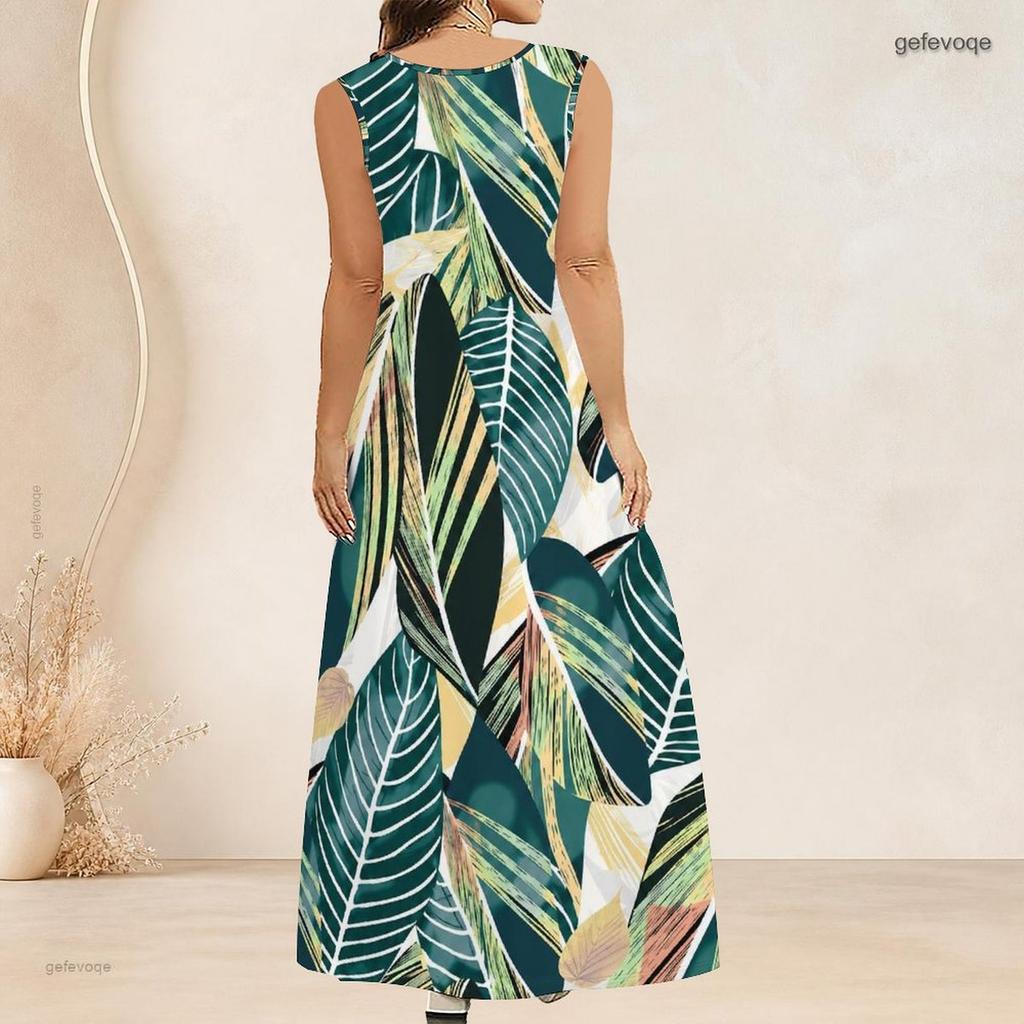Women Plus Size Scoop Neck Sleeveless Tropical Leaf Printed Green A Line Long Dress