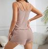Hollow Out Eyelet Knit Pajama Set Women's Double Strap Cami Top Lettuce Hem Shorts Two Piece Summer Loungewear Sleepwear