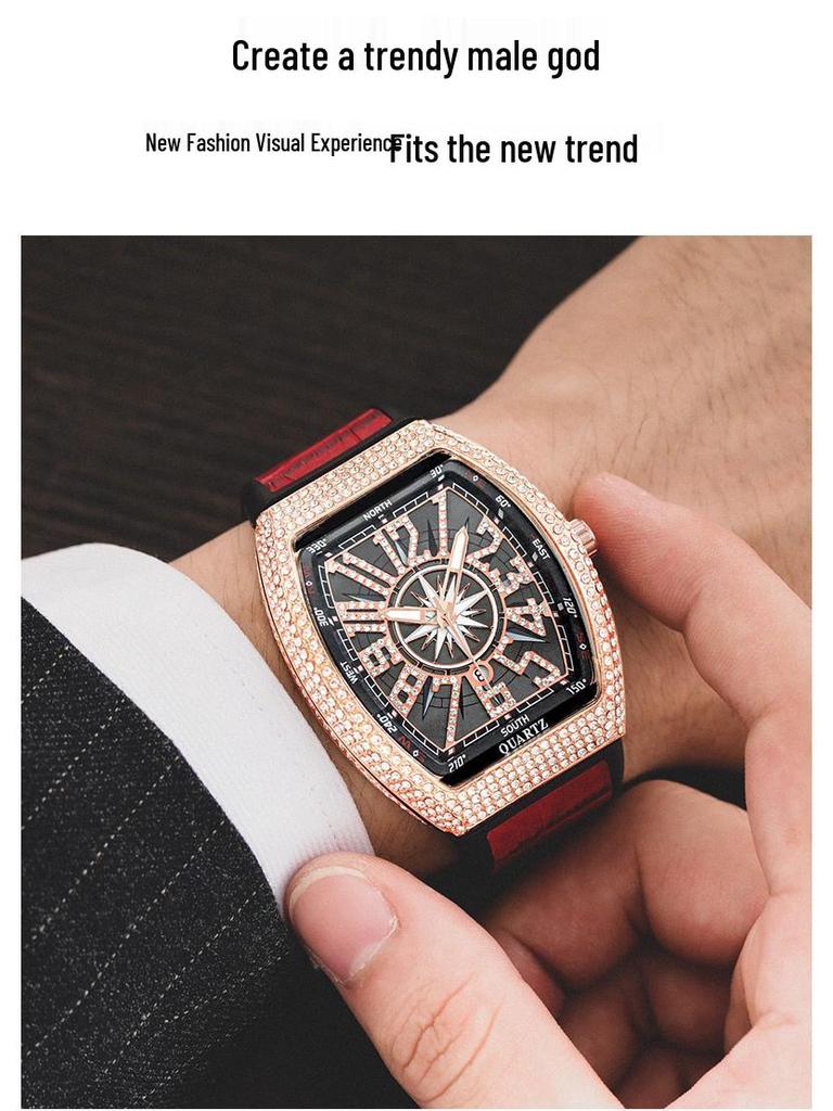 Męski zegarek na rękę Yacht z beczułkowatym skórzanym paskiem i inkrustowanymi diamentami - Retro design kwarcowy