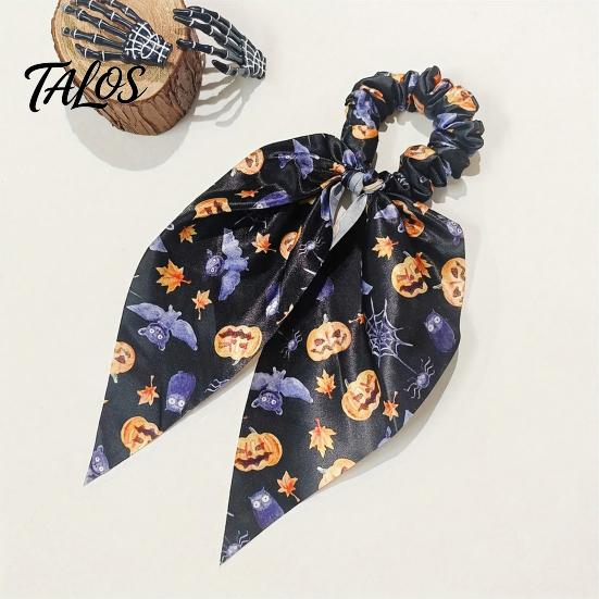 Vivid Halloween Print Scrunchies Hair Ties for Women Girls, Spooky Spider Web Skeleton Bat Stylish 3D Pumpkin Scrunchies, Pleated Ties, Ribbon