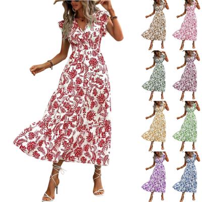 Women’s Bohemian Style V Neck Waist Cinched Floral Print Maxi Dress Summer Short Sleeve Flowing Elegant Casual Outfit