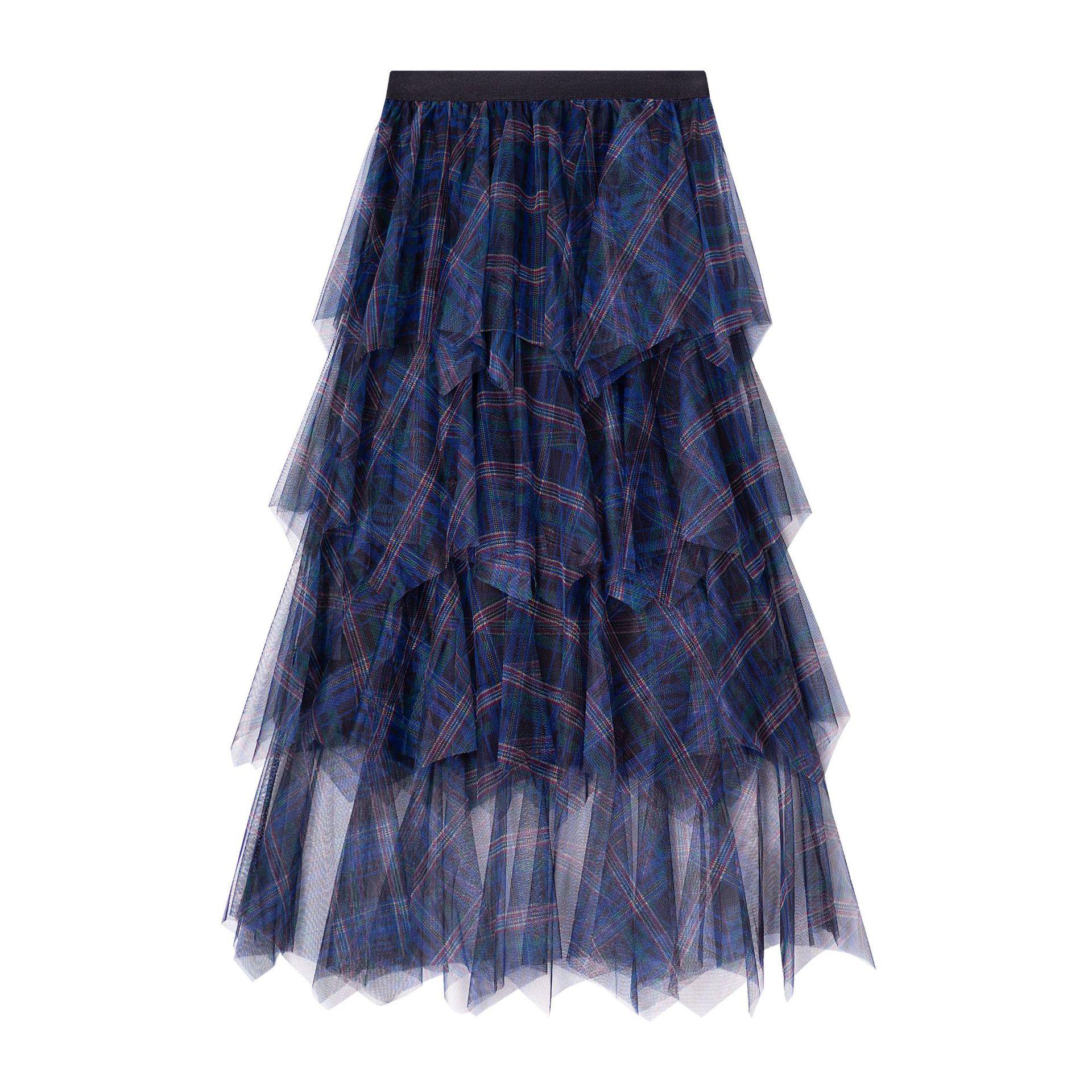 

Юбка в сетку из клетчатой ткани 2025 года, осень-зима, новая нерегулярная многослойная юбка с высокой талией, тонкая, средняя и длинная юбка для женщин One size синий