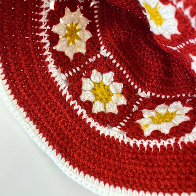 Summer Sunproof Crochet Bucket Hat Ladies Spring Commute Camping Fisherman Cap with Flower Pattern for Girlfriend