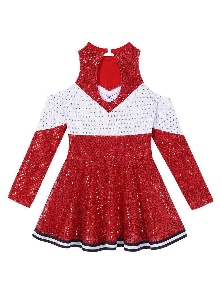 Girls Long Sleeve Dance Dress Off Shoulder Sequins Contrast Color Cheerleading Outfit