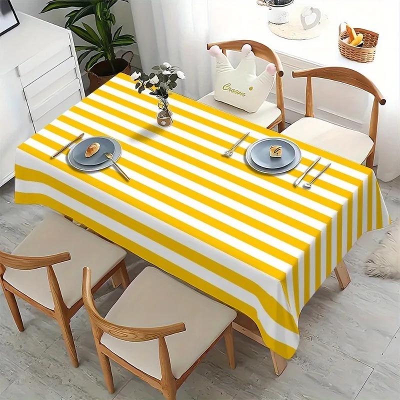 1pc Yellow and White Striped Tablecloth, Suitable for Kitchen, Dining Room, Party and Home Decoration tablecloth.PMJ