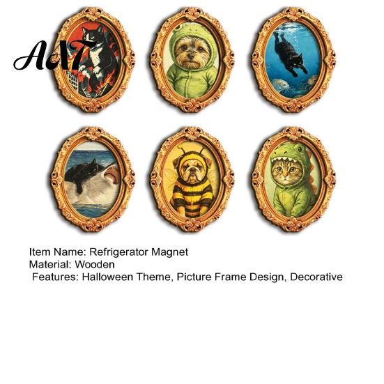Metal Surface Decorations 1/6Pcs Halloween Retro Frame Refrigerator Magnet, Wood Carved Fridge Magnetic Decor Cabinet Whiteboard Magnet for