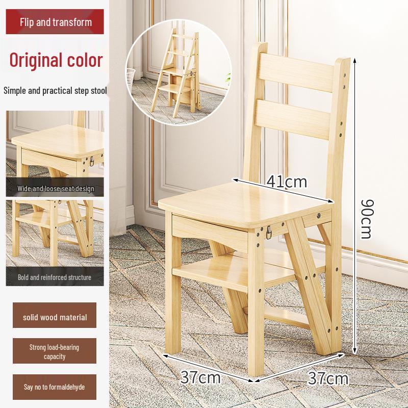 Solid Wood Reversible Three-Step Folding Ladder Stool for Indoor Use