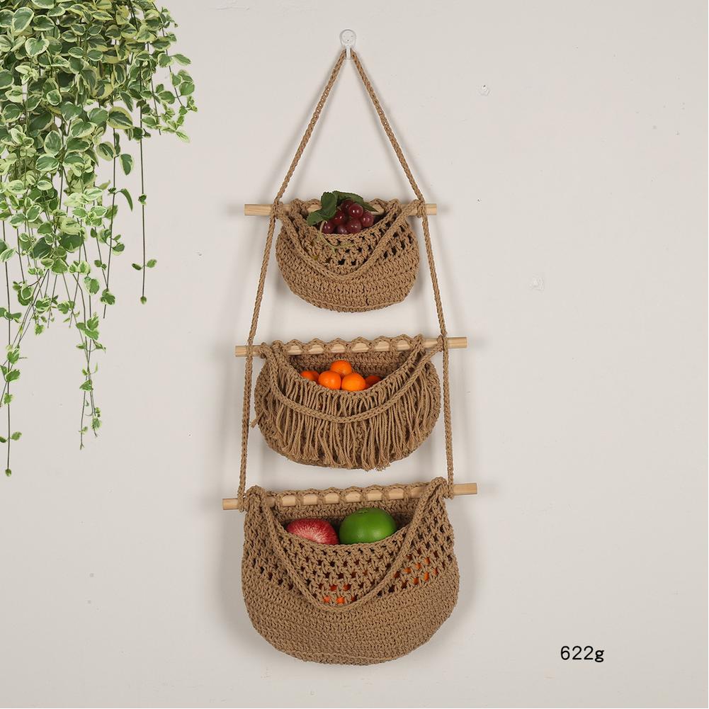 1PCS Hanging Fruit Baskets For Kitchen 3 Tier Bohemian Wall Hanging Basket Handwoven Teardrop Hanging Baskets For Organizing