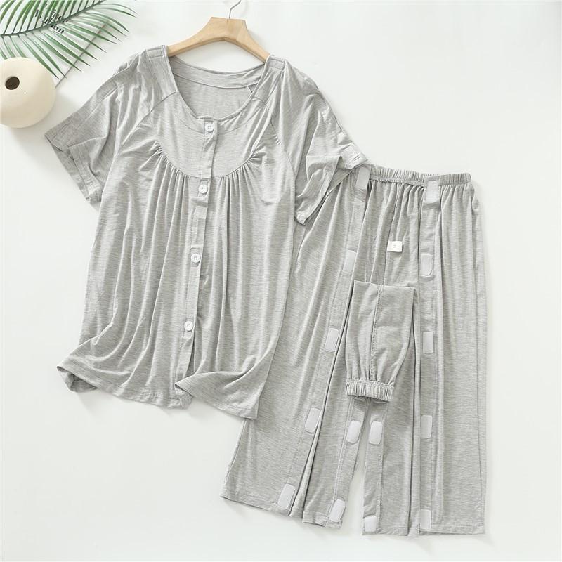 Easy-to-Wear Post-Surgery Care Pants Women Elderly Paralyzed Patients Modal Fabric Short Length Round Neck 3/4 Sleeve