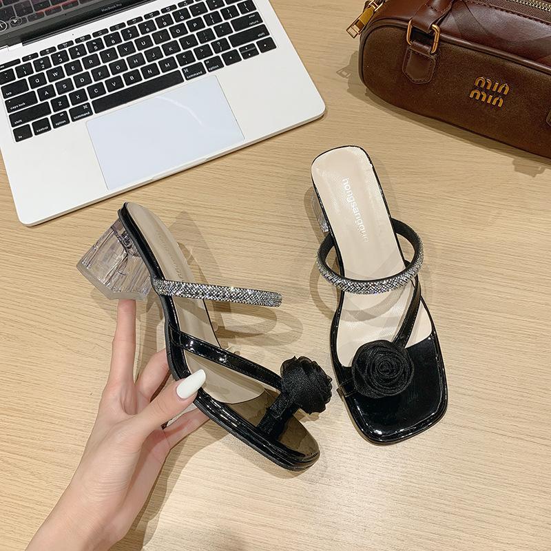 Camellia set toe high heel cool slippers women's summer new rhinestone fashion crystal and slippers women