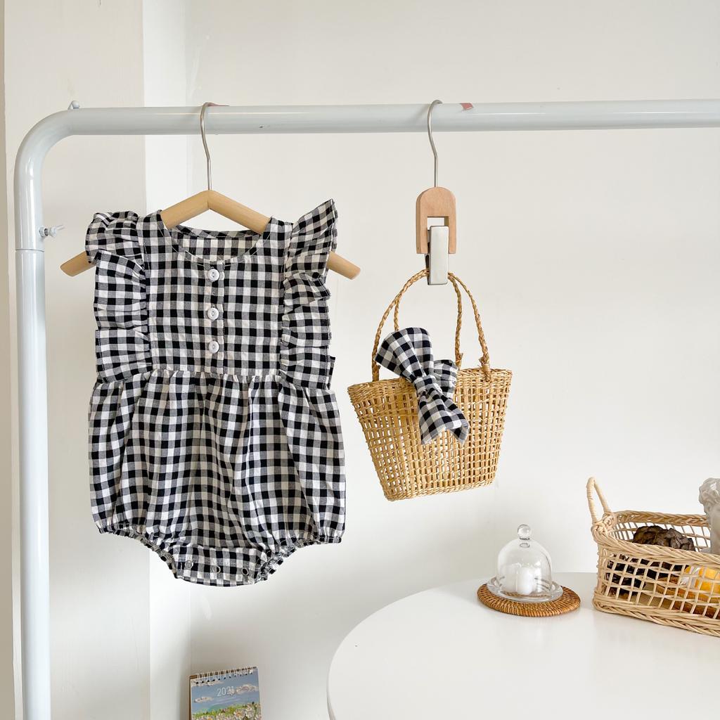 Summer Baby Girl Cotton Sleeveless Block Plaid Romper