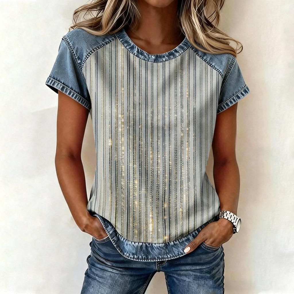Top da Donna Casual a Manica Corta Patchwork Stampato Girocollo Vestibilità Larga T-shirt Blusa con Cuciture Stile Denim per Uso Quotidiano