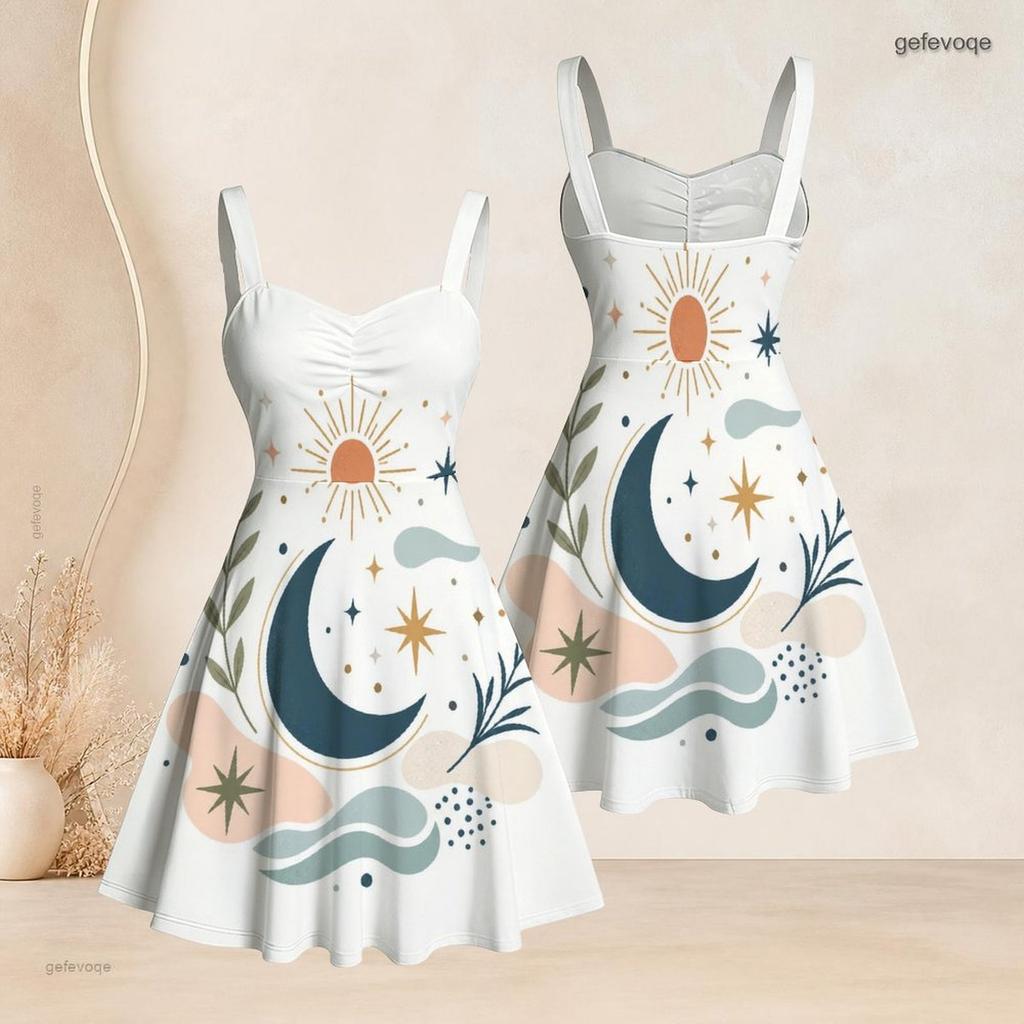 Women Plus Size Spaghetti Strap Off Shoulder Dress Constellation Shooting Star Celestial Print Swing Dress