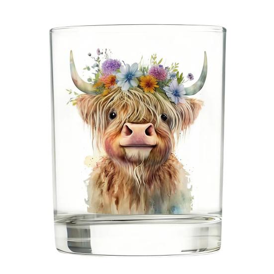 Bicchiere in Vetro Mucca delle Highlands, Bicchiere Termico Acquerello Floreale Dipinto a Mano, Tazza Trasparente per Latte Caffè Whiskey, Regalo per Amanti degli Animali