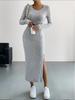 European & American Fall/Winter Long-Sleeve Round Neck Slit Knit Dress for Women