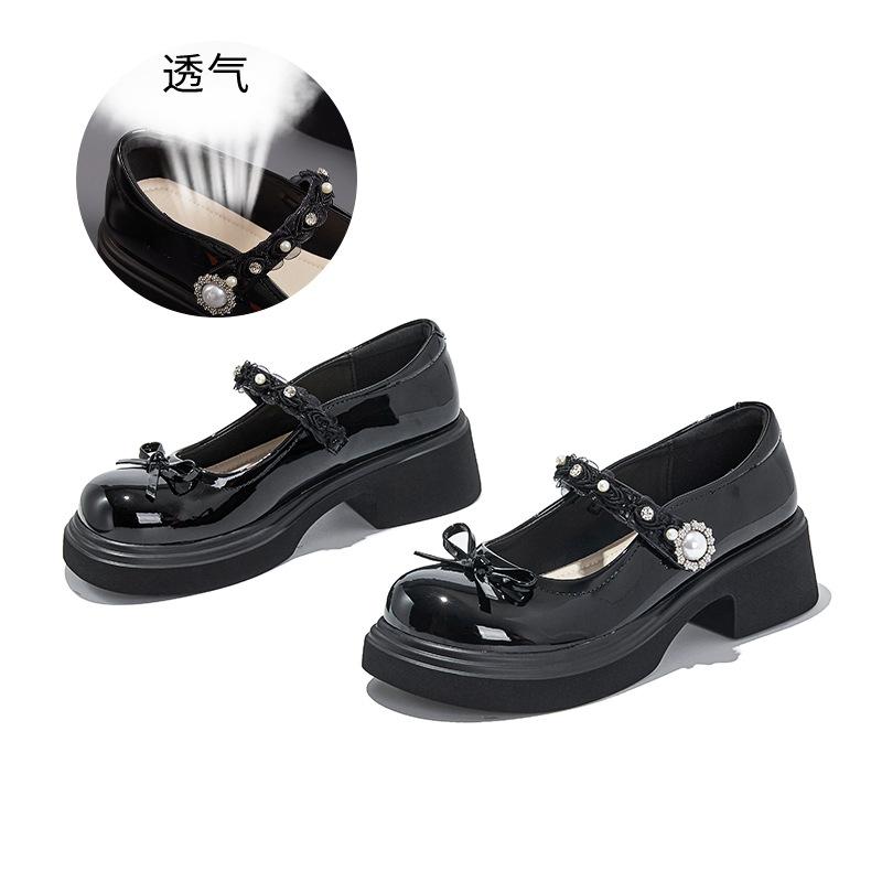 Foam Bottom Mary Jane Bow Women's Shoes Autumn Thick Sole Height Increase Velcro Shallow Mouth Single Shoes Small Leather Shoes