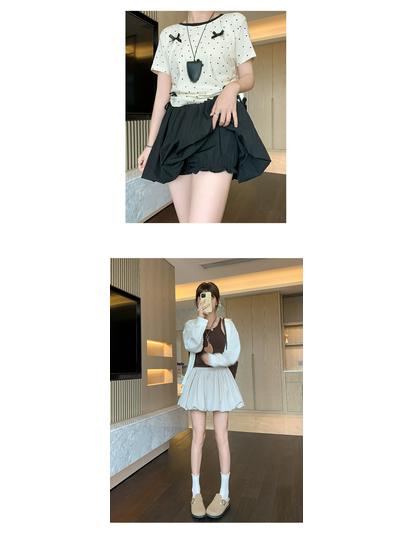 Red Petite Puffy Short Skirt: Spring/Summer Floral Puff Skirt with Pumpkin Pants Style