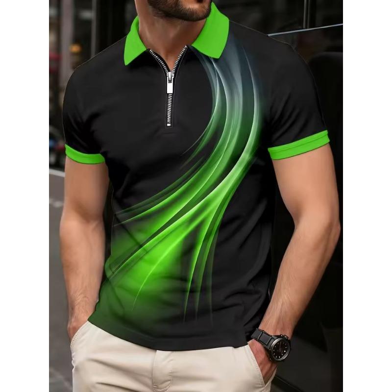Fashion Men's Polo Shirts Casual Turn-Down Collar Zipper Golf Wear Ladder Print Short Sleeve Tee Shirt Men Polos Tops Clothing