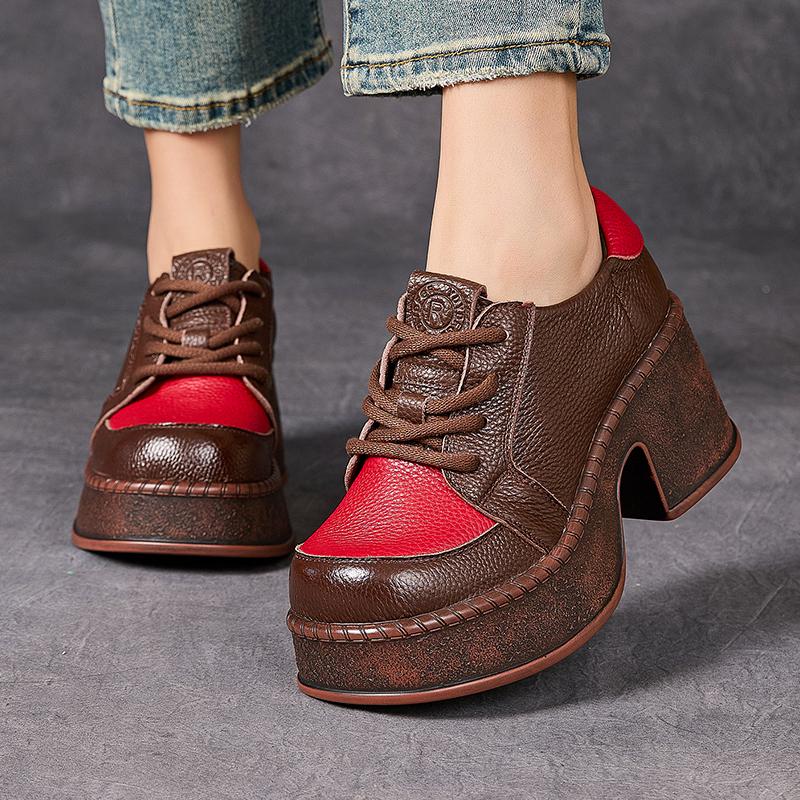 Fashion GKTINOO 2025 Autumn New Lace Up Retro Genuine Leather Shoes Pumps Mixed Colors Thick Soled Comfortable Women's Platform Shoes