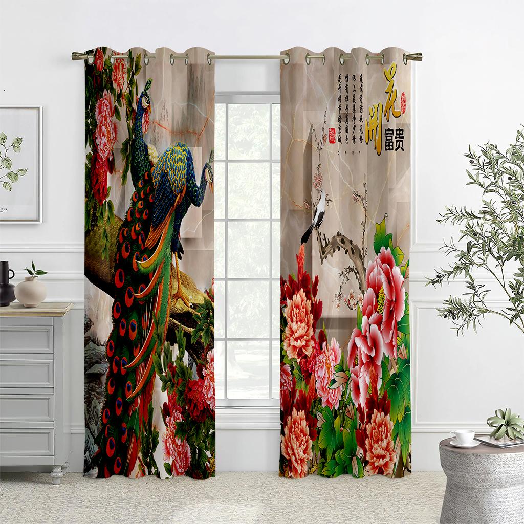 2PCS Animal peacock pattern curtains, rod pocket half cover, living room bedroom kitchen decorative curtains can be customized