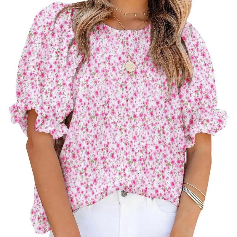 Women Summer Printed Chiffon Blouse Puff Sleeve Round Neck Loose Fit