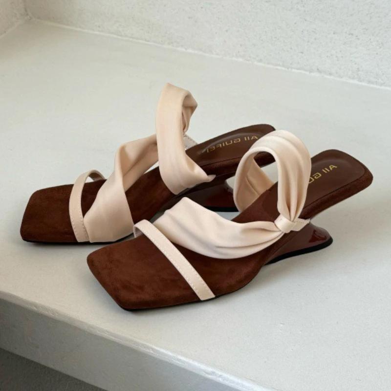 Fashion Elegant Square Toe Narrow Band Designer Brand Sandal Women Fashion Shallow Wedges Sandal Women Concise Comfortable Slide Sandal