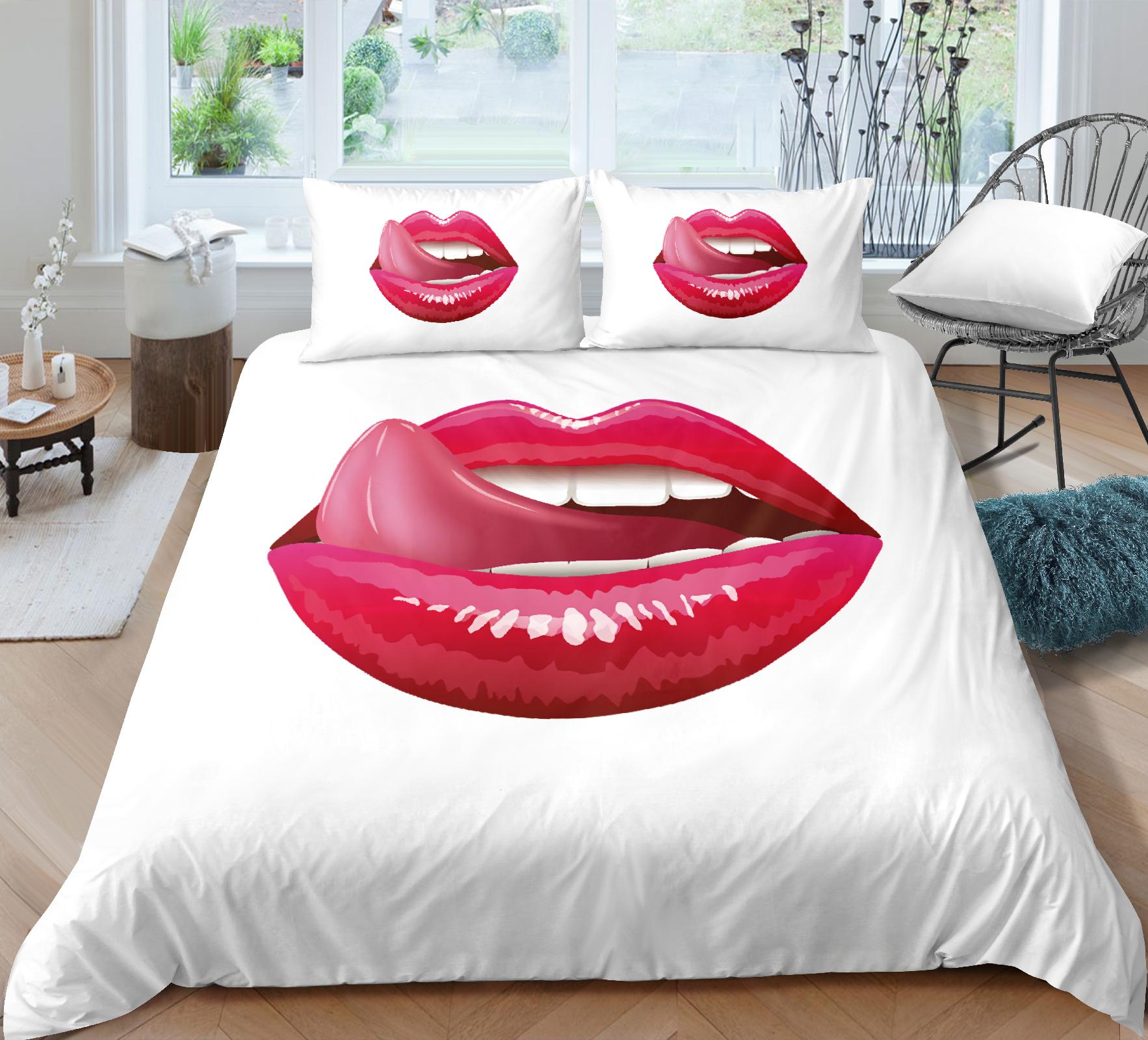 Kiss Sexy Lippen Koning Koningin Dekbedovertrek Rode Mond Beddengoed Set Voor Meisje Moderne Mode Dekbedovertrek 2/3stuks Polyester Dekbedovertrek US Twin(172x218cm)