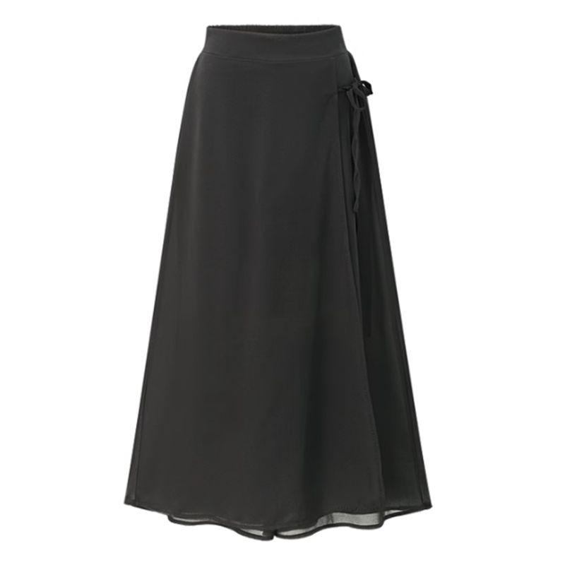 

Летняя новинка однотонная ретро элегантная аккуратная машинная цельнокроеная юбка-обертка на шнуровке средней длины длинная юбка с разрезом завышенная талия Black L