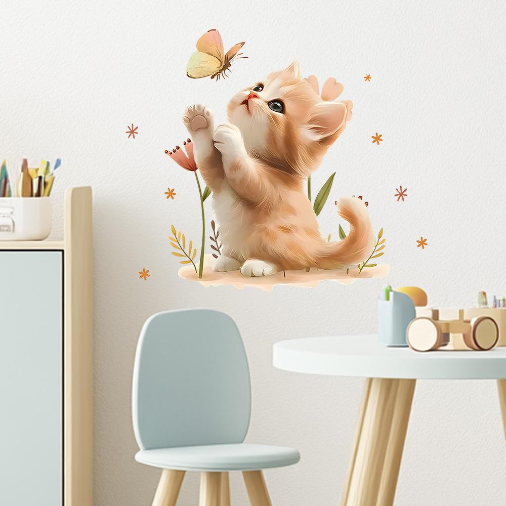 Cute Orange Cat with Butterfly Removable Waterproof Wall Stickers, Self-Adhesive Decor for Kids Room Bedroom Decoration