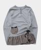 SOME PLACE Side Shirred Check Contrast Frill Button Layered Long Sleeve T-Shirt [Melange]