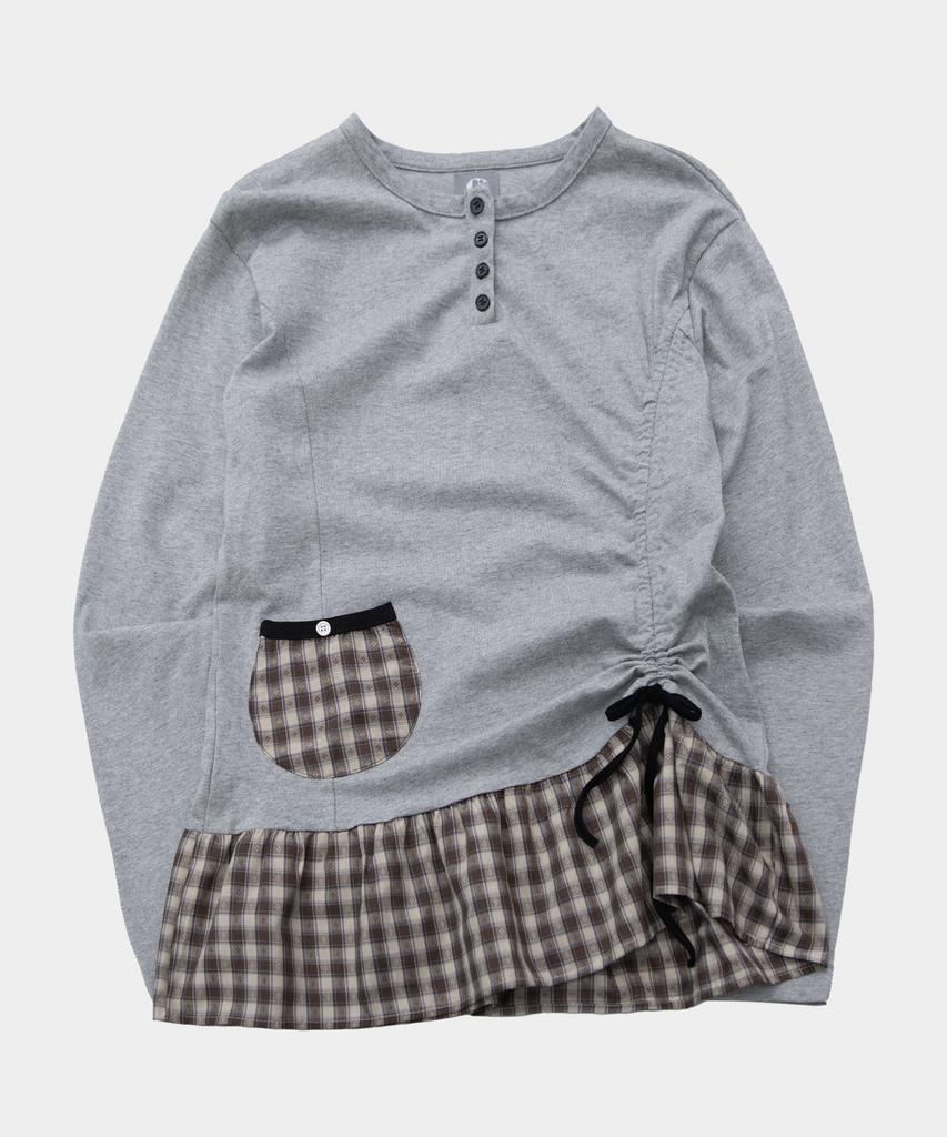 SOME PLACE Side Shirred Check Contrast Frill Button Layered Long Sleeve T-Shirt [Melange]