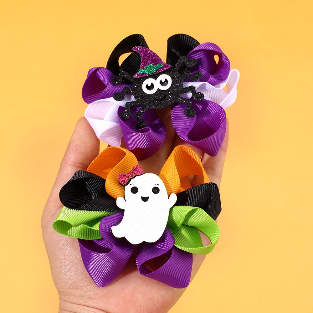 2Pcs Halloween Bow Hair Clips Ghost Sweet Color-blocked Ribbon Bownot Hairpins For Girls Children Headwear Accessories