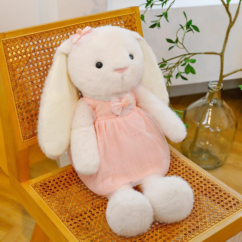 Plush Bunny Doll With Long Ears And Dress And Bow Designfor Kids Gift And Decoration