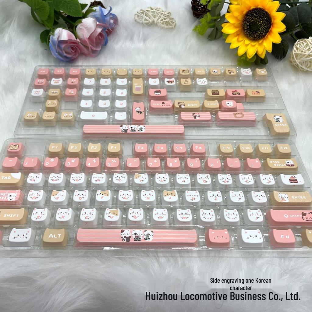 Meow Keycaps: Cute Sea Salt, Pink & Black, MAO Height, Cat Head Design, PBT Material, Includes 2.25U, 2.75U, 7U Spacebars.