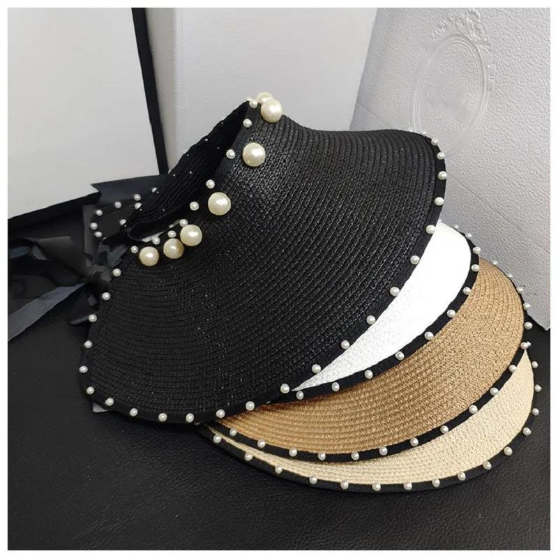 Foldable Empty Top Straw Hats For Women Summer White Imitation Pearl Beach Visor Caps UV Protction Adjustable Ribbon Sun Hat