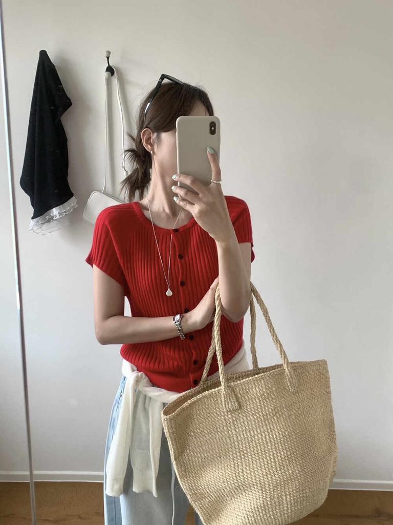 1116 spring and summer new versatile simple round neck pit strip thin short-sleeved knitted cardigan top women