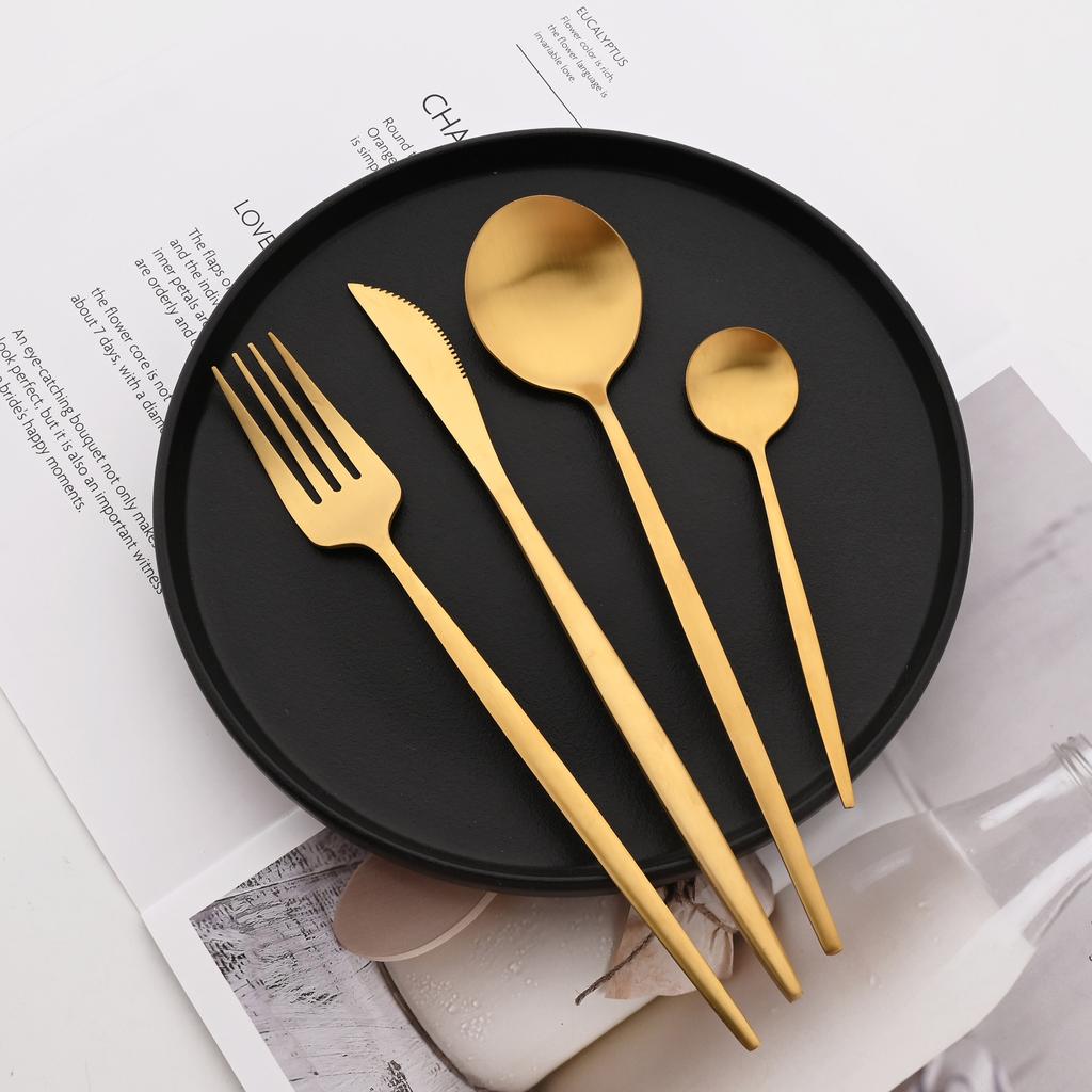 6/30Pcs Matte Gold Dinnerware Set Stainless Steel Dinner Knife Fork Spoon Cutlery Set Korean Kitchen Flatware Tableware Set