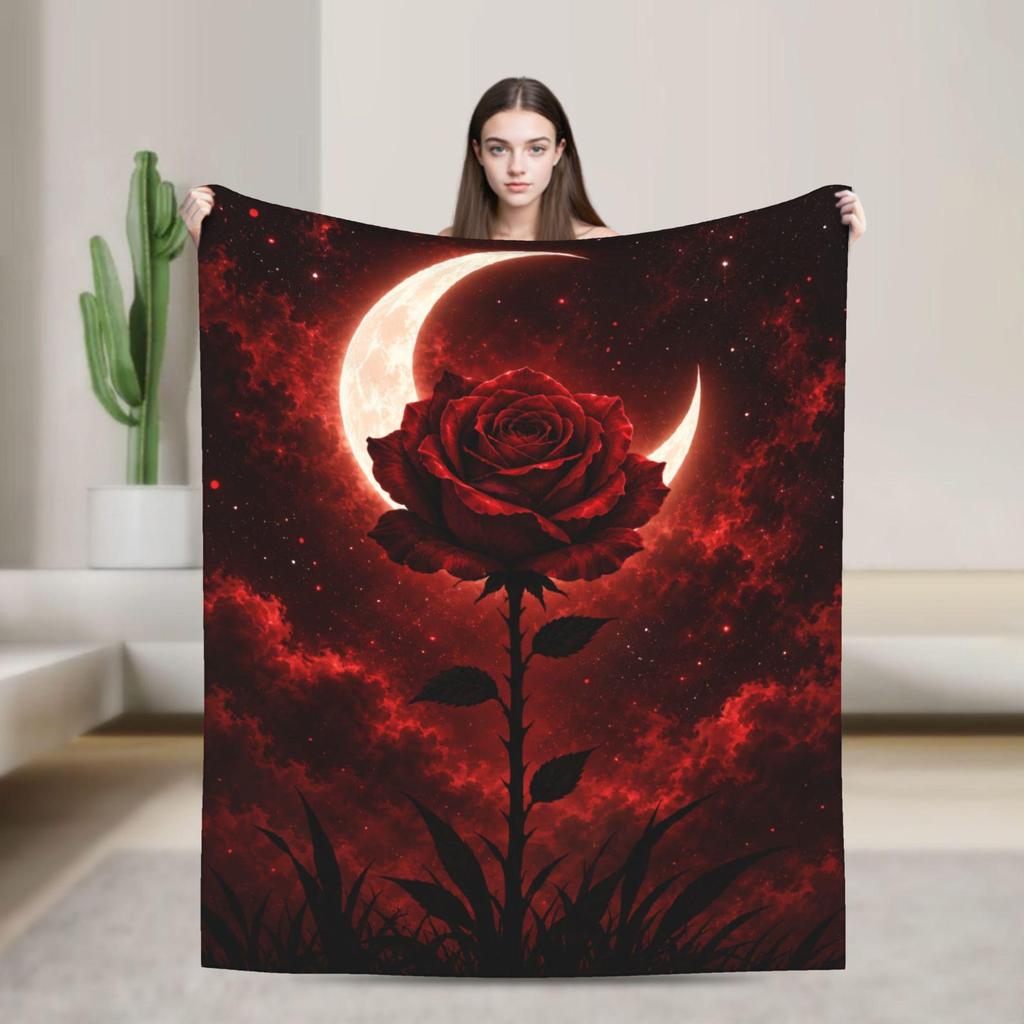 Gothic Red Rose Moon Throw Blanket, Celestial Floral Fleece, Cozy Decor