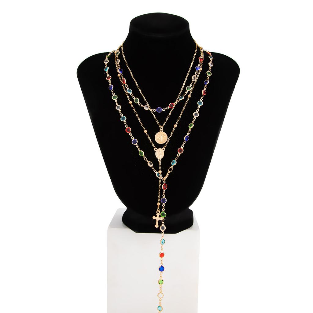4PC Crystal Colorful Bead Choker Necklace,Summer Beach Multi Crystal Chest Chain Jewelry Rhinestone Cross Pendant Long Tassel Clavicle Chain for Women