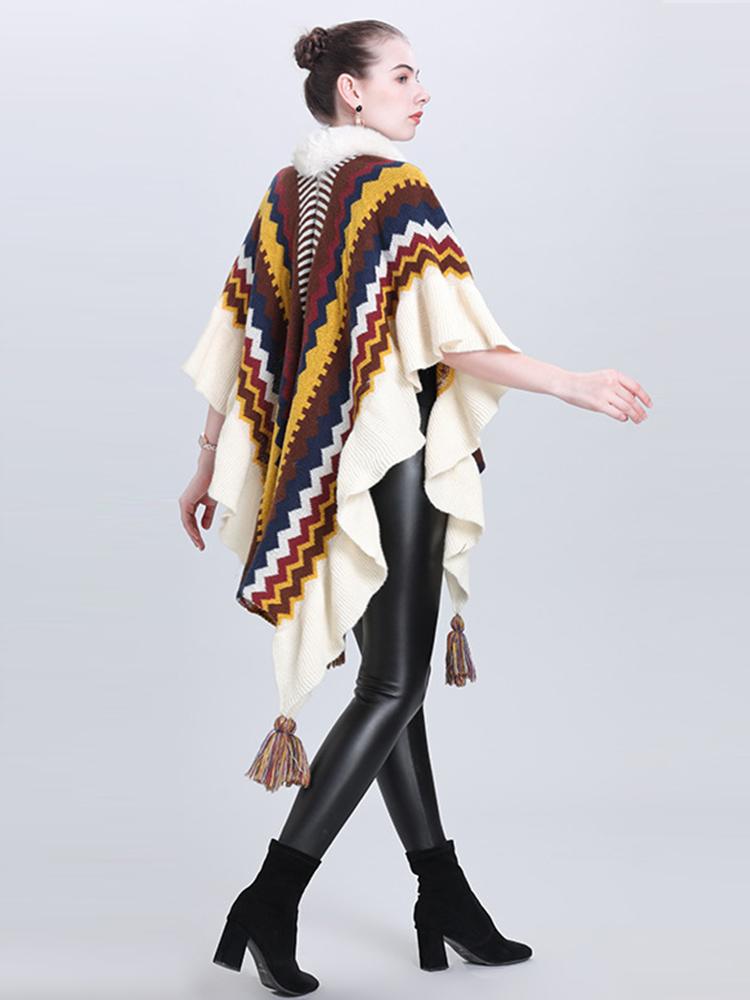 Imitation Cashmere Elegant Women Scarf Winter Ladies Fur Collar Striped Poncho Warm Female Capa Para Mujer Pashmina Wrap Shawl