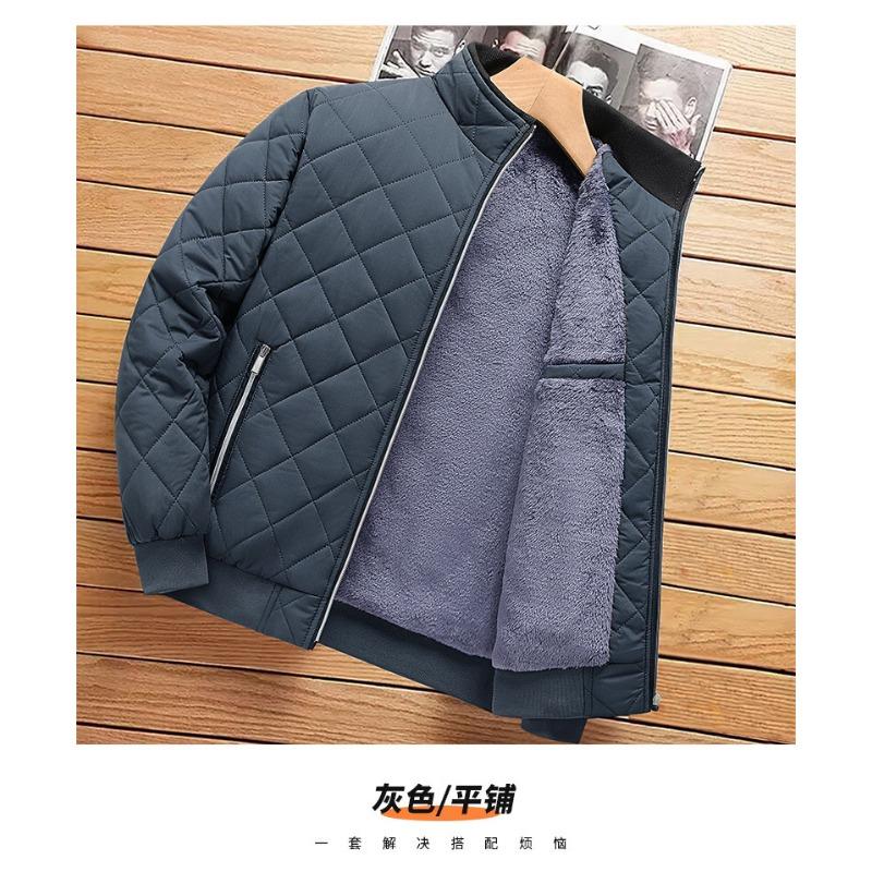 Men Stand Collar Fleece Lined Thick Warm Quilted Plaid Winter Cotton Jacket