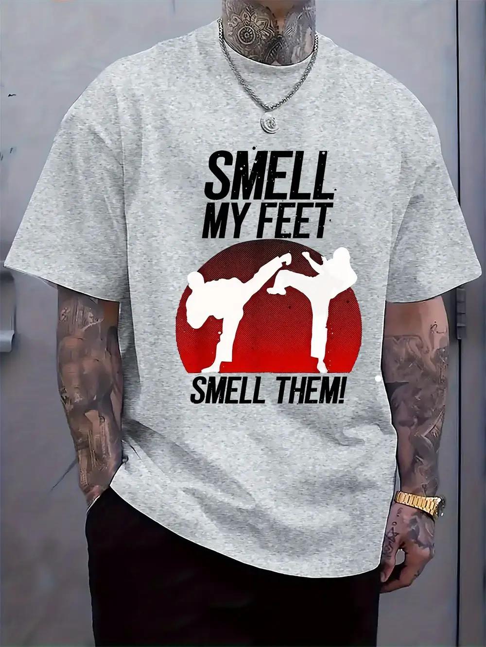 Humorous Karate Slogan Graphic T-shirt - Smell My Feet Smell Them Light Grey Casual Tee XXXL