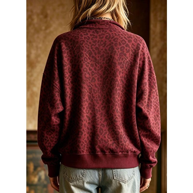 TIFICY Women's Fashion Casual Leopard Print Spring Fall Long Sleeve POLO Neck Pullovers & Long Sleeves