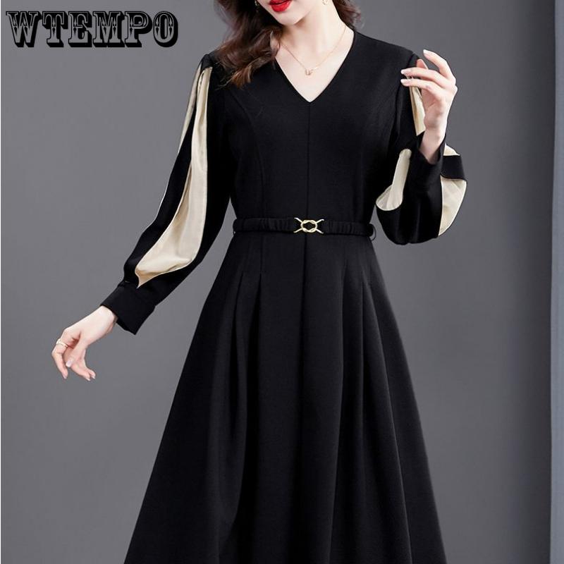 

Женское высококачественное платье трапециевидной формы с v-образным вырезом и рукавами-фонариками, весеннее шикарное элегантное платье средней длины с длинными рукавами и поясом коллизии цветов XXXXL чёрный