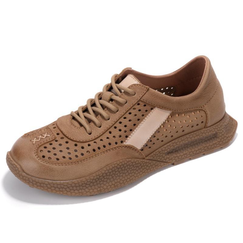 Summer low-top hollow casual shoes men's soft and delicate first-layer cowhide shoes retro lace-up sports shoes